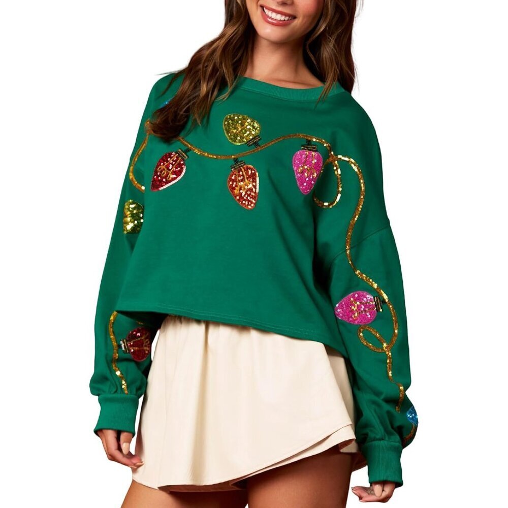 Women Cropped Sweatshirt Polyester Sizes Small to XL Colorful Holiday Glitter